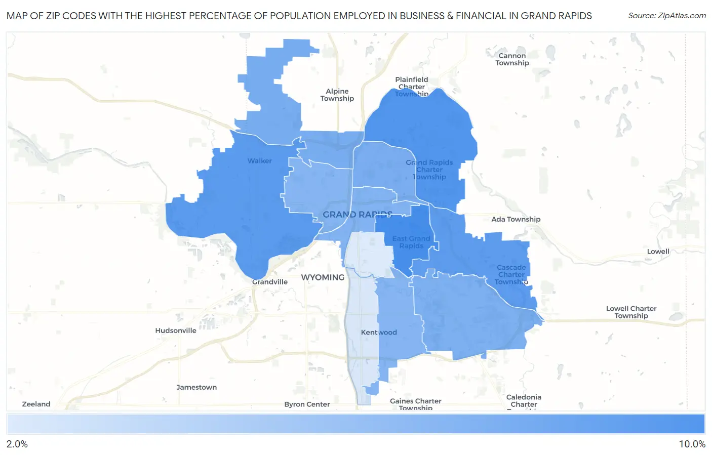 Zip Codes with the Highest Percentage of Population Employed in Business & Financial in Grand Rapids Map