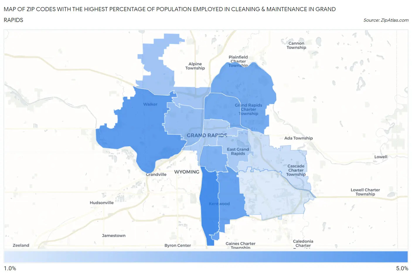 Zip Codes with the Highest Percentage of Population Employed in Cleaning & Maintenance in Grand Rapids Map