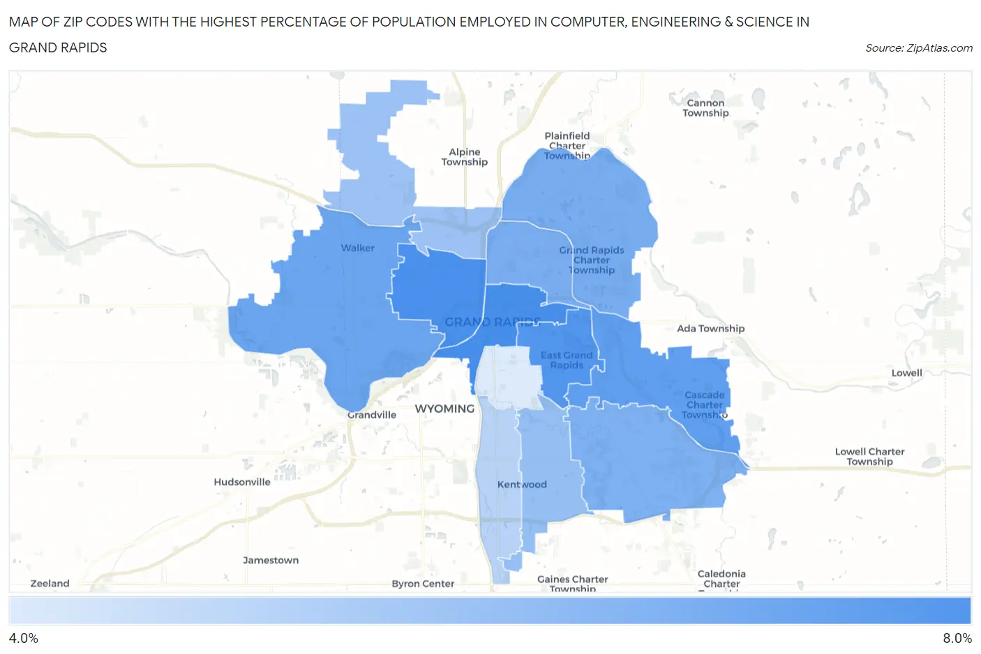 Zip Codes with the Highest Percentage of Population Employed in Computer, Engineering & Science in Grand Rapids Map