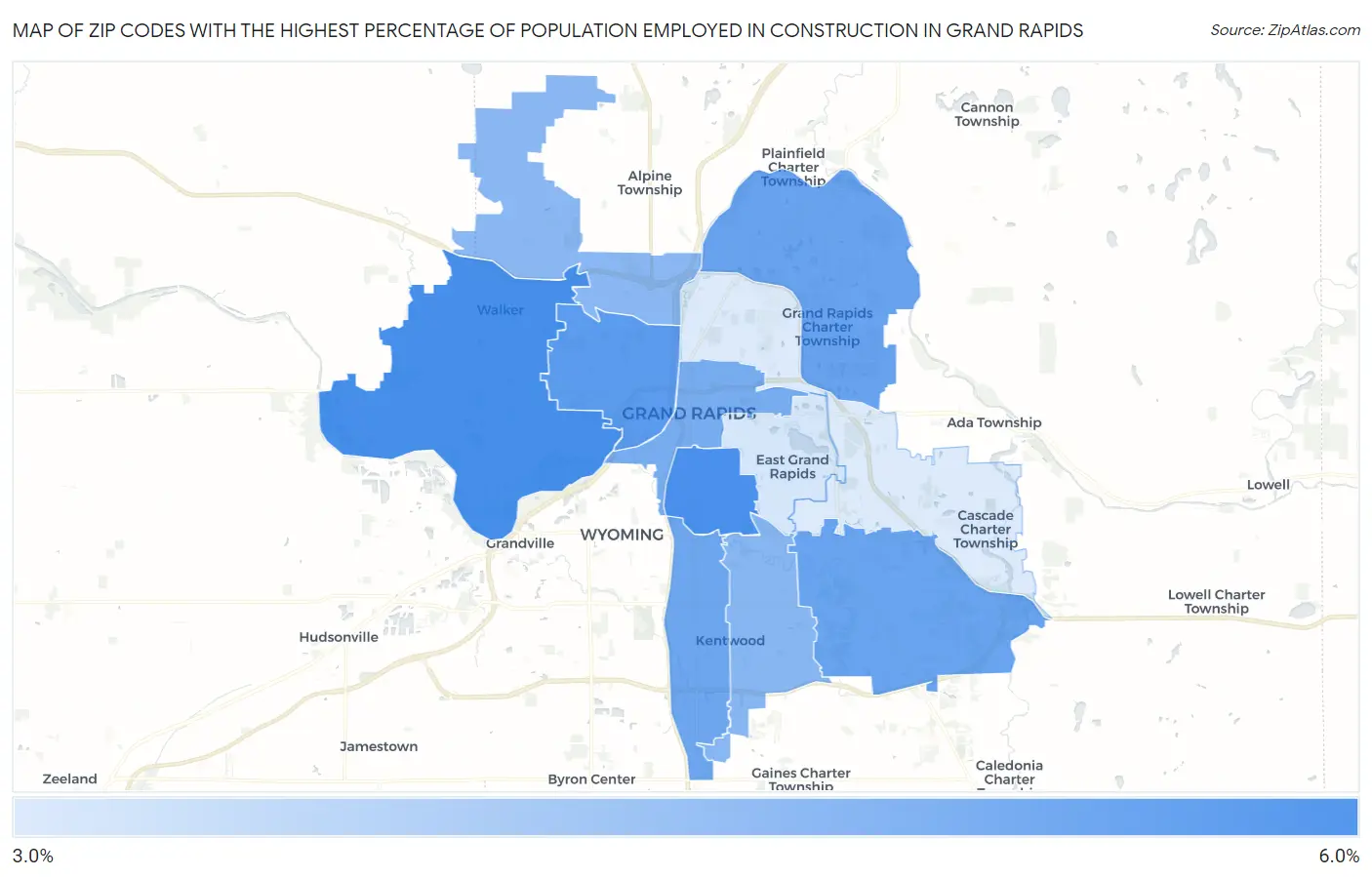 Zip Codes with the Highest Percentage of Population Employed in Construction in Grand Rapids Map