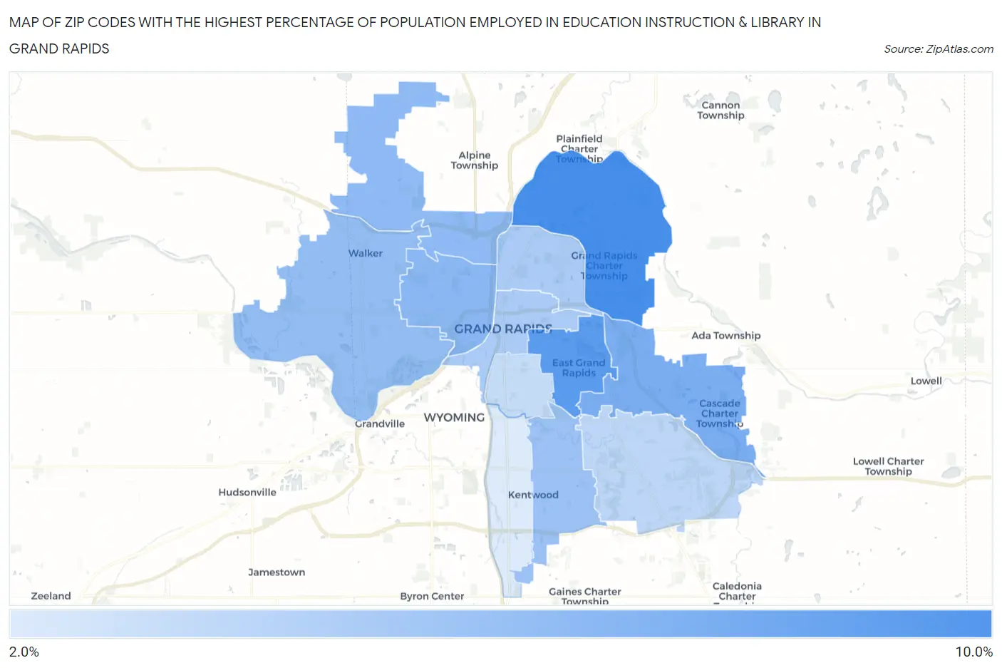 Zip Codes with the Highest Percentage of Population Employed in Education Instruction & Library in Grand Rapids Map