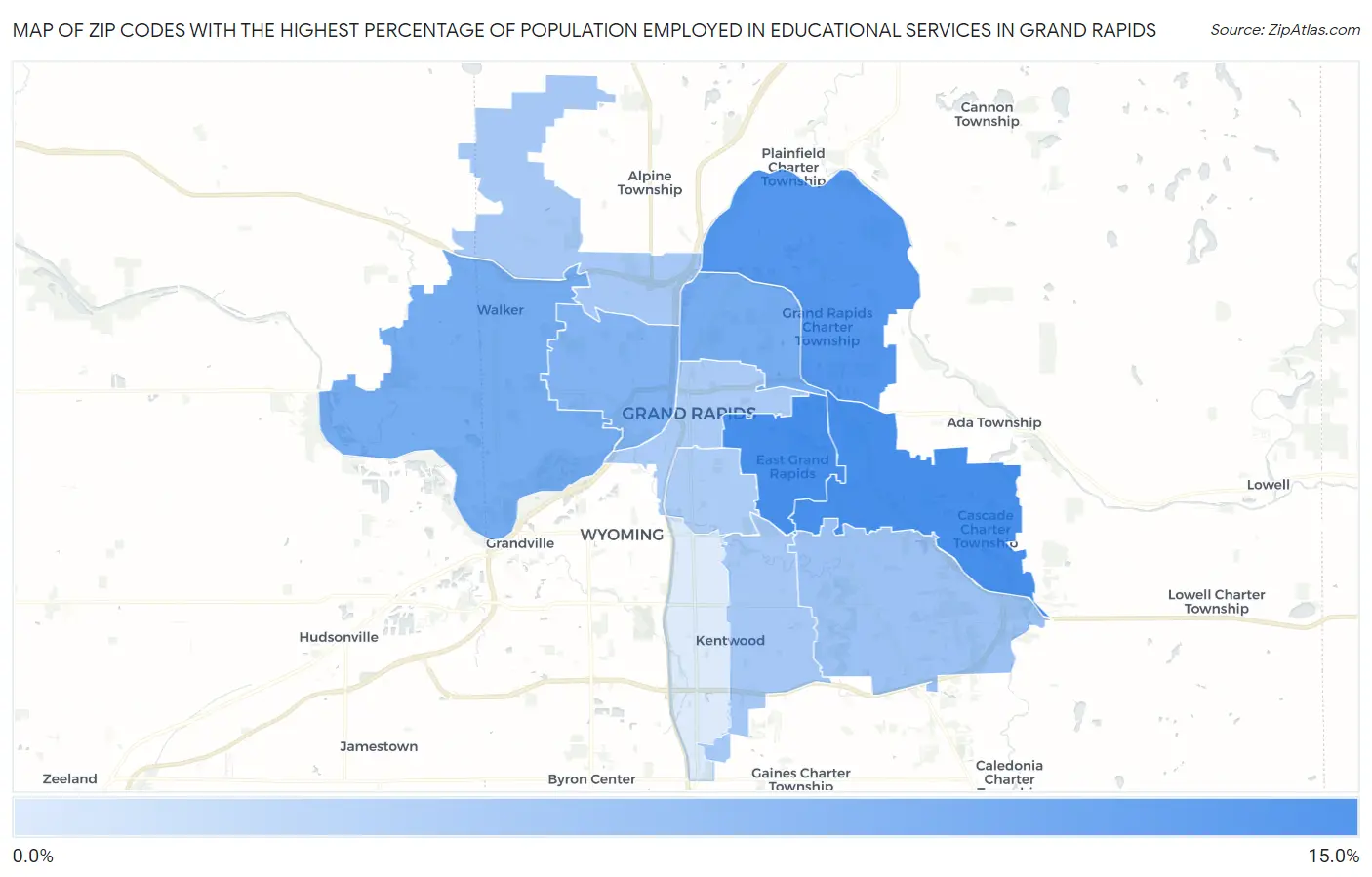 Zip Codes with the Highest Percentage of Population Employed in Educational Services in Grand Rapids Map