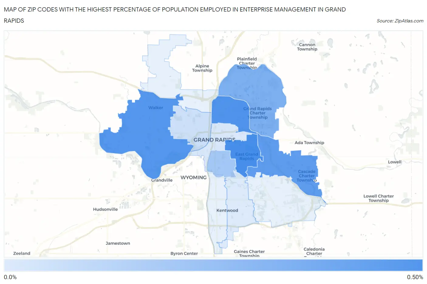 Zip Codes with the Highest Percentage of Population Employed in Enterprise Management in Grand Rapids Map