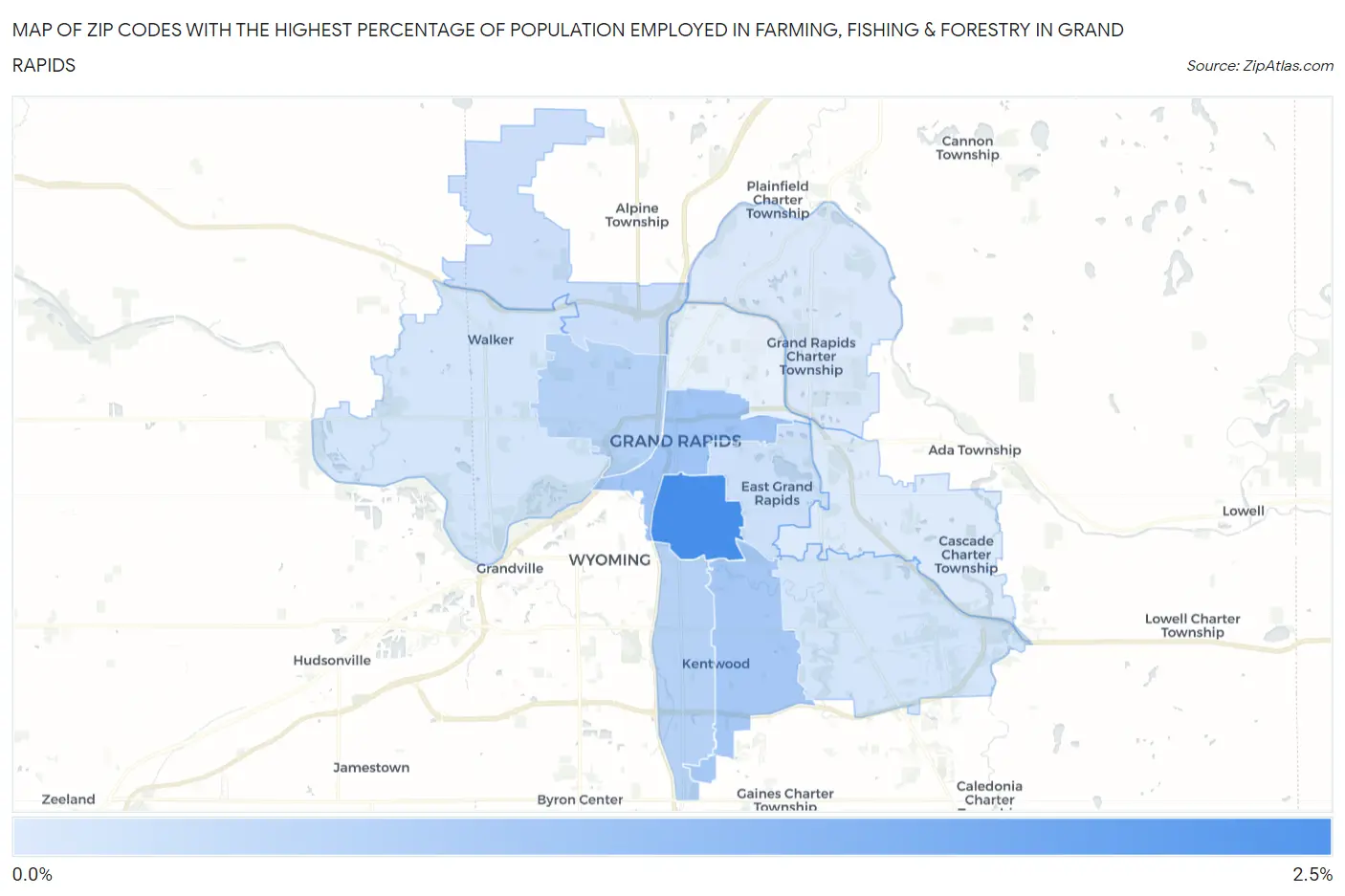 Zip Codes with the Highest Percentage of Population Employed in Farming, Fishing & Forestry in Grand Rapids Map
