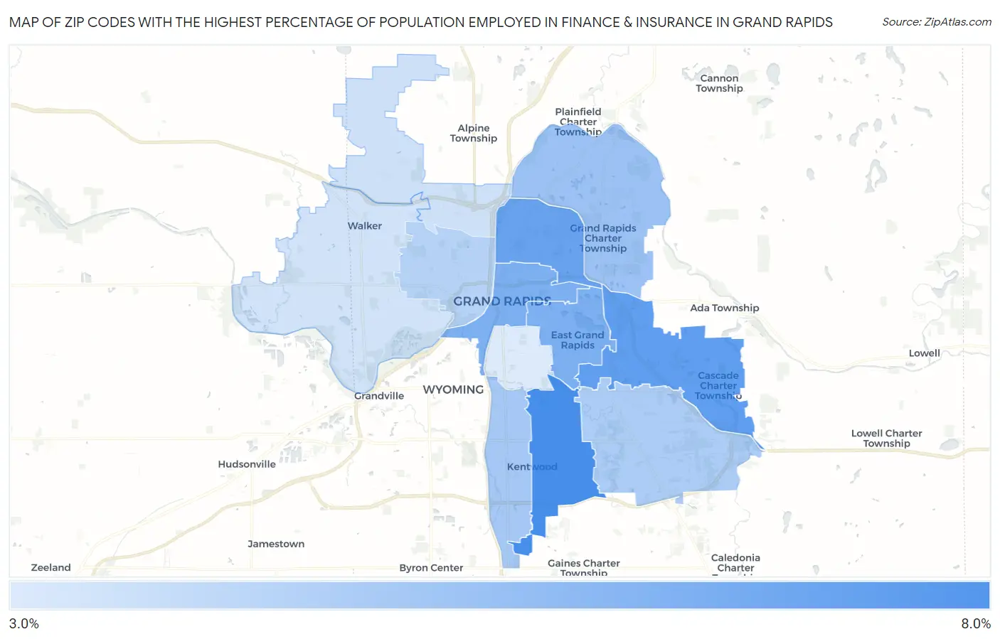 Zip Codes with the Highest Percentage of Population Employed in Finance & Insurance in Grand Rapids Map
