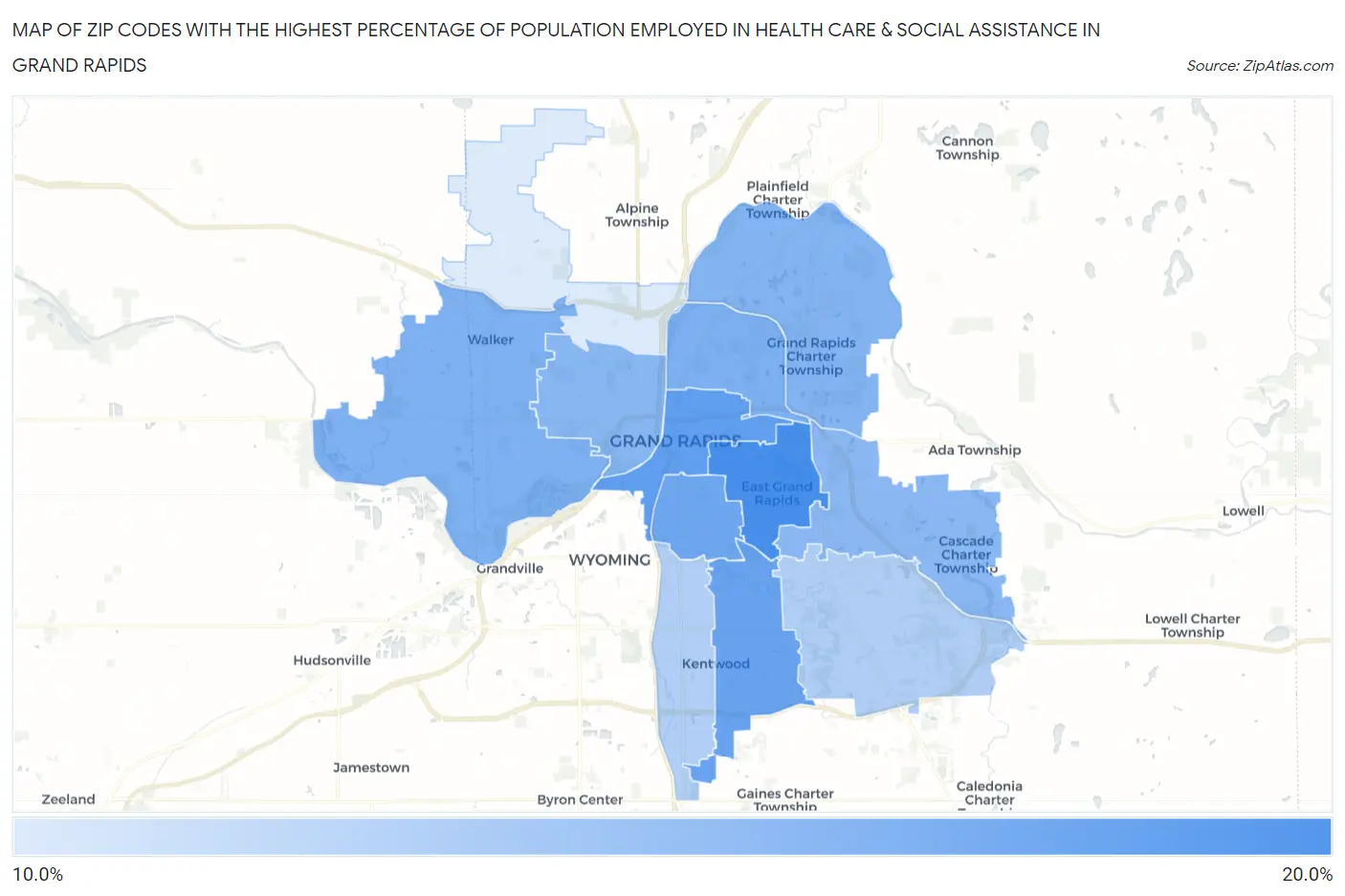 Zip Codes with the Highest Percentage of Population Employed in Health Care & Social Assistance in Grand Rapids Map