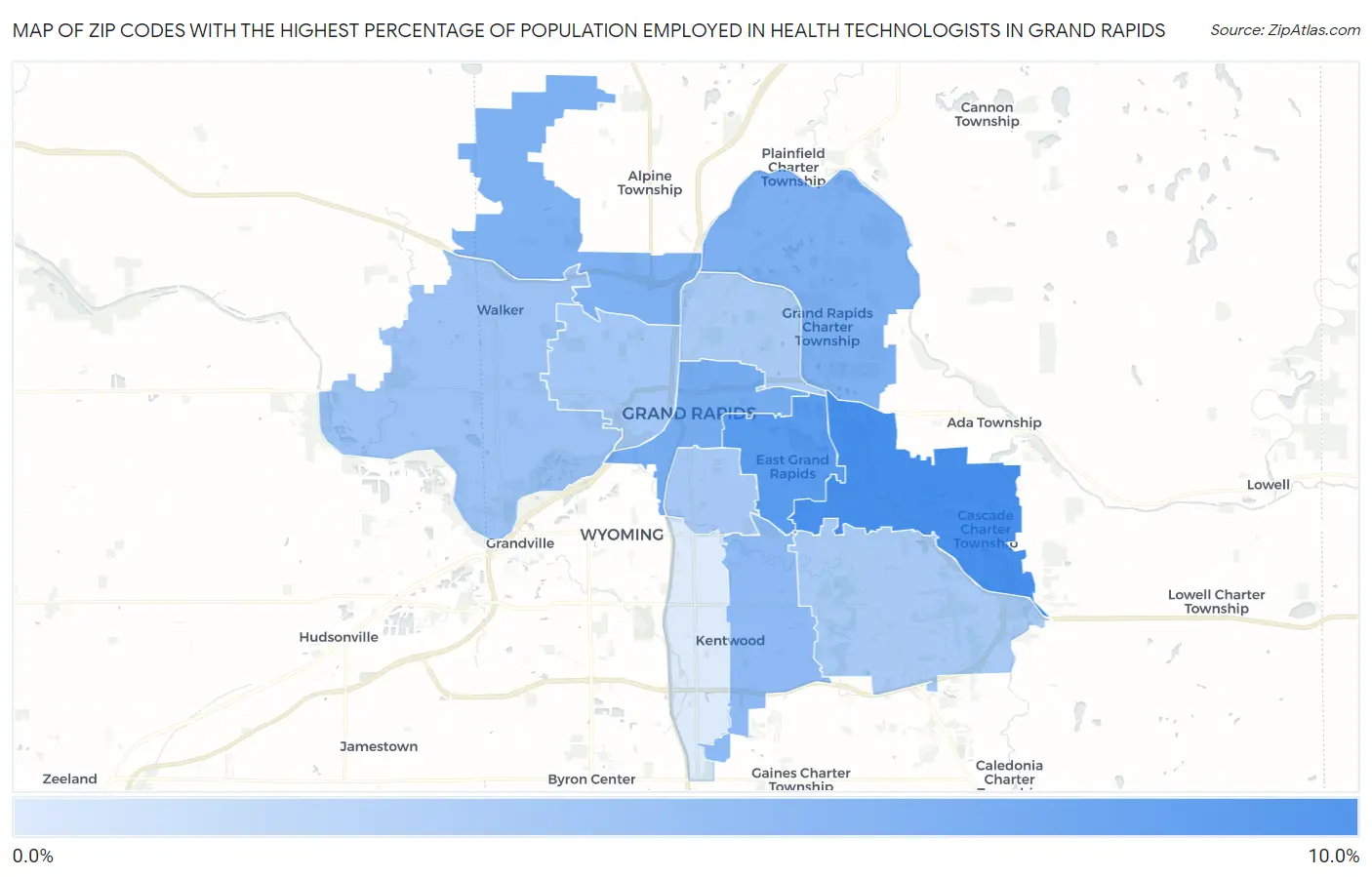 Zip Codes with the Highest Percentage of Population Employed in Health Technologists in Grand Rapids Map