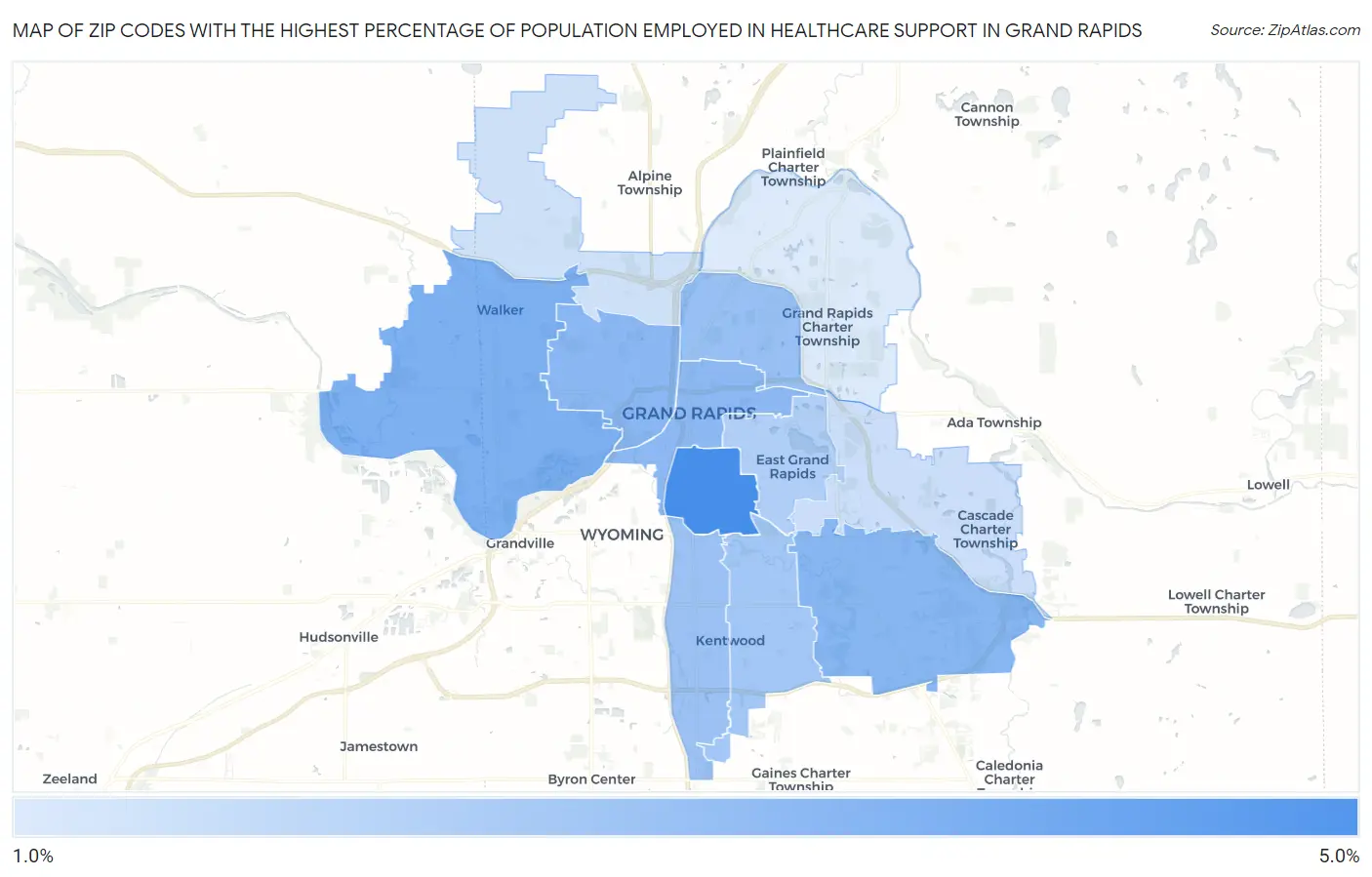 Zip Codes with the Highest Percentage of Population Employed in Healthcare Support in Grand Rapids Map