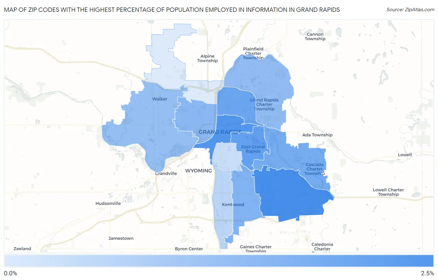 Zip Codes with the Highest Percentage of Population Employed in Information in Grand Rapids Map