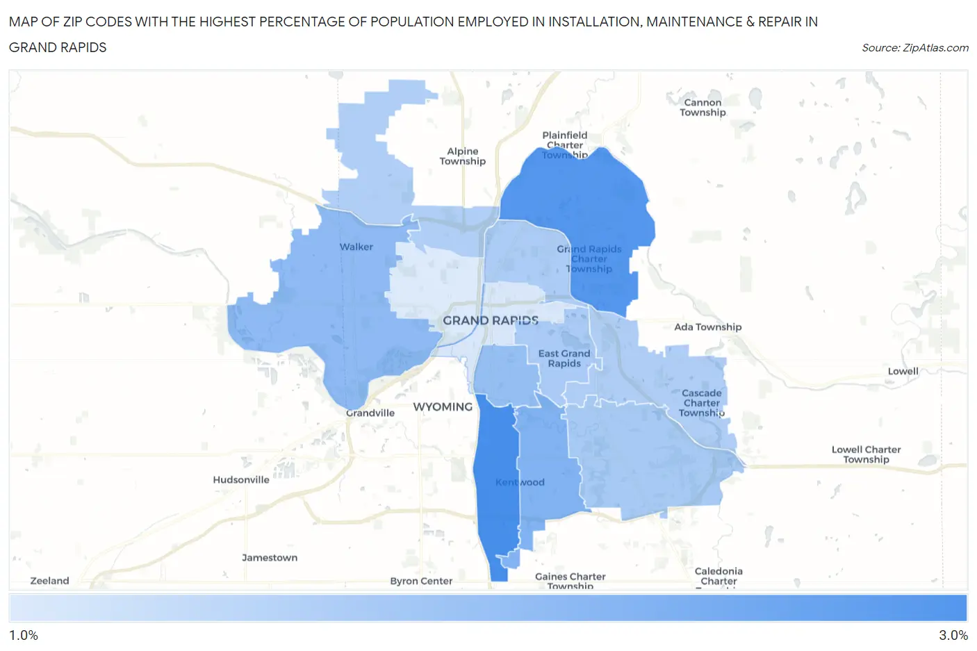 Zip Codes with the Highest Percentage of Population Employed in Installation, Maintenance & Repair in Grand Rapids Map