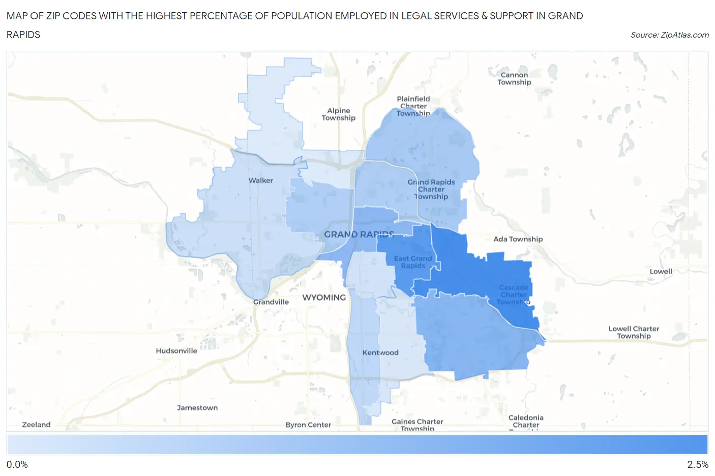 Zip Codes with the Highest Percentage of Population Employed in Legal Services & Support in Grand Rapids Map