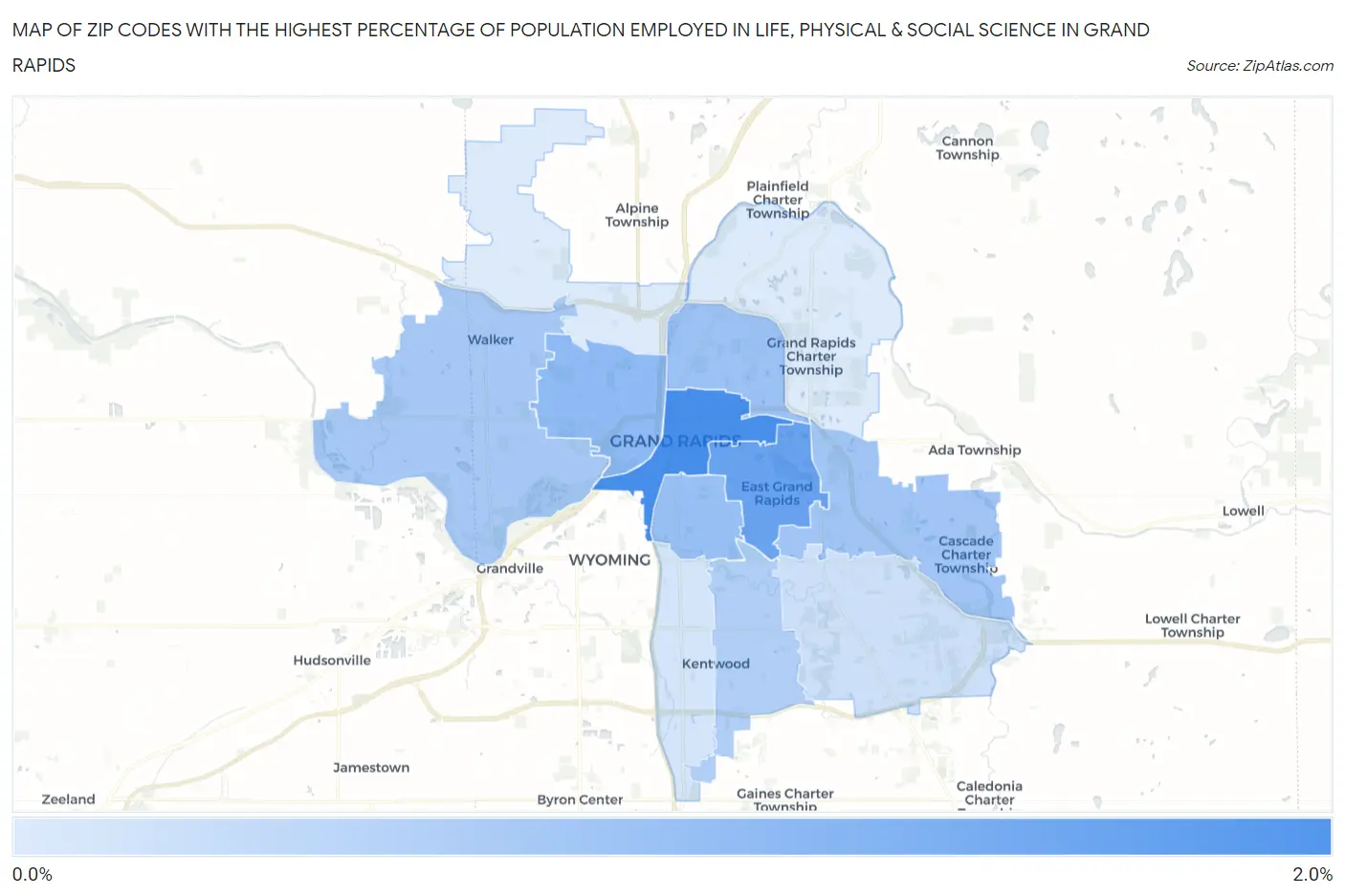 Zip Codes with the Highest Percentage of Population Employed in Life, Physical & Social Science in Grand Rapids Map
