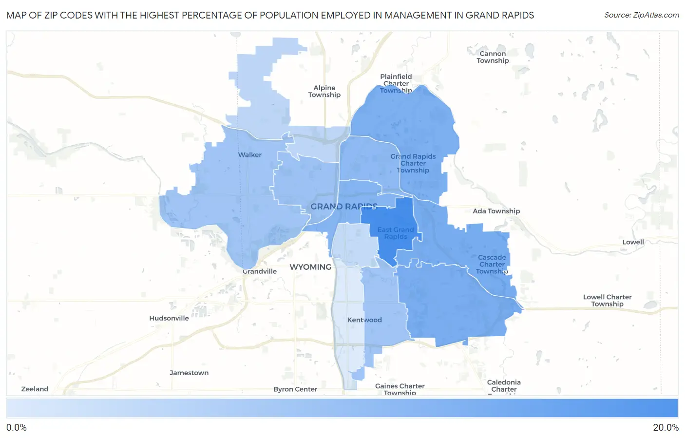Zip Codes with the Highest Percentage of Population Employed in Management in Grand Rapids Map