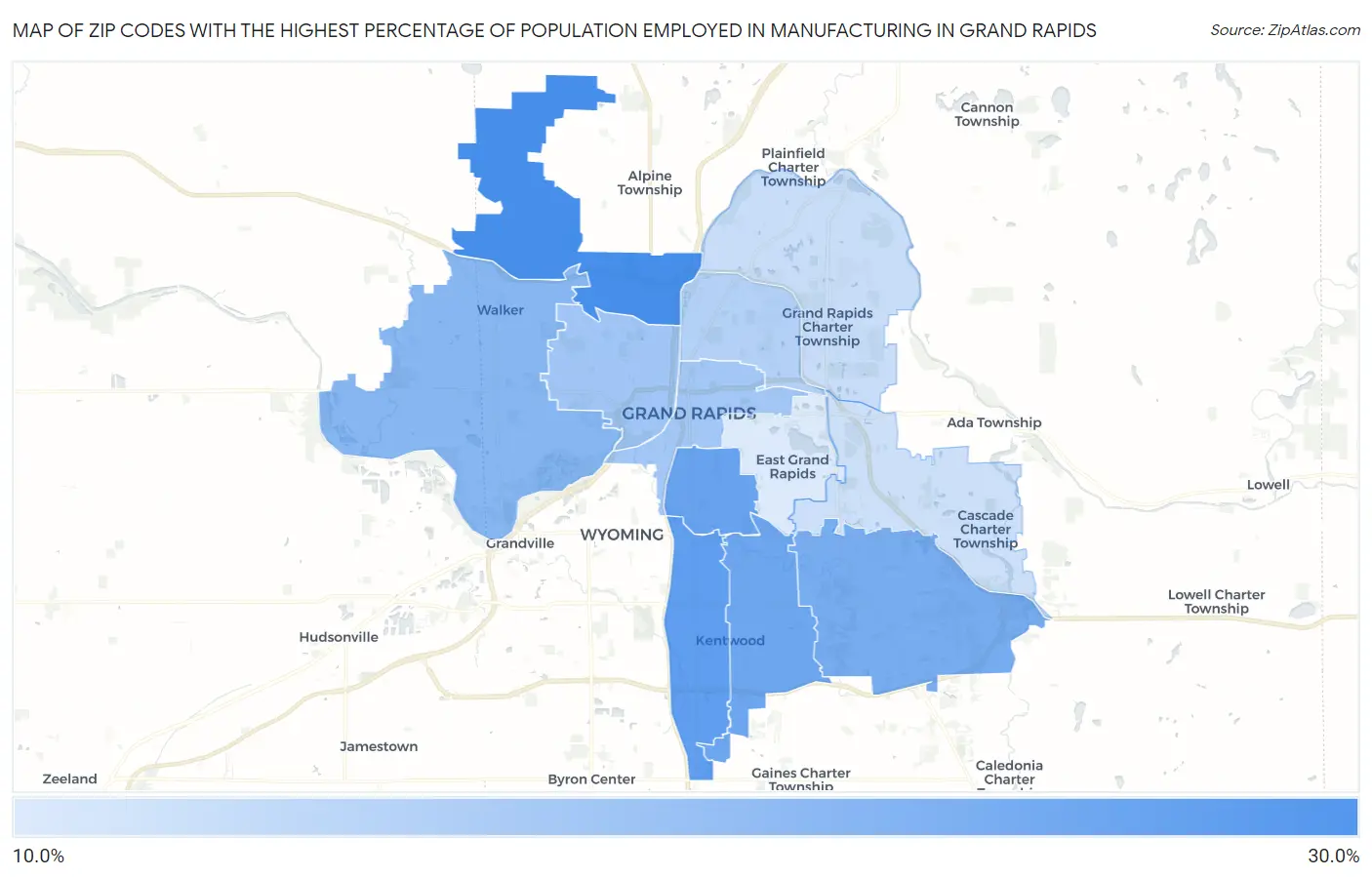 Zip Codes with the Highest Percentage of Population Employed in Manufacturing in Grand Rapids Map