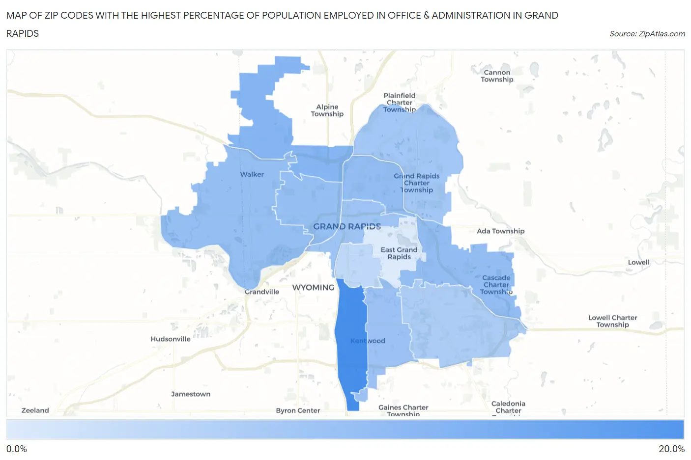 Zip Codes with the Highest Percentage of Population Employed in Office & Administration in Grand Rapids Map