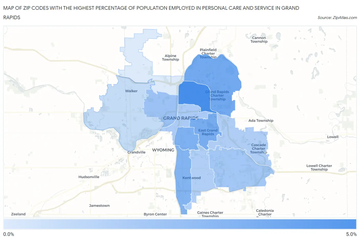 Zip Codes with the Highest Percentage of Population Employed in Personal Care and Service in Grand Rapids Map