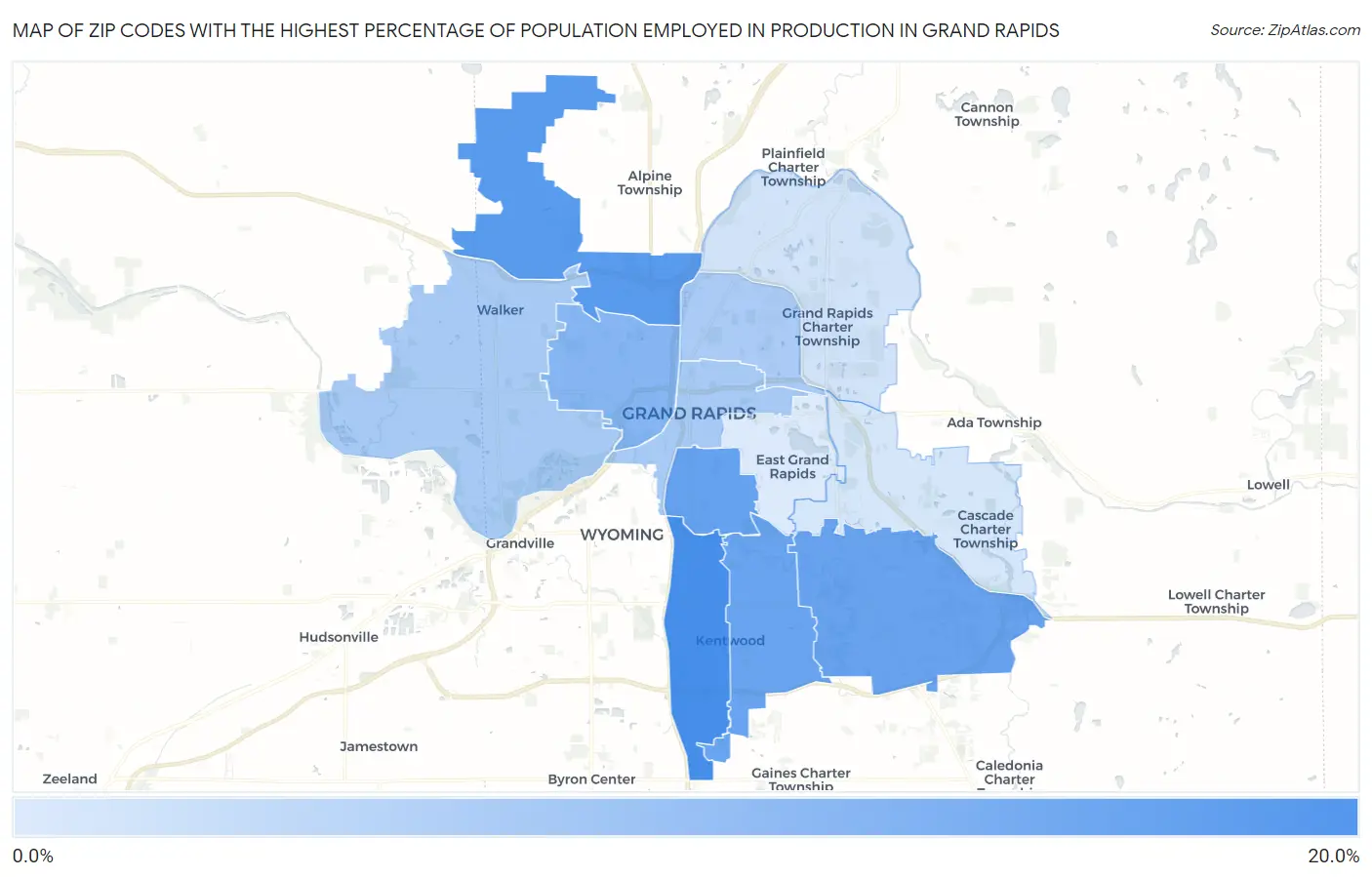 Zip Codes with the Highest Percentage of Population Employed in Production in Grand Rapids Map