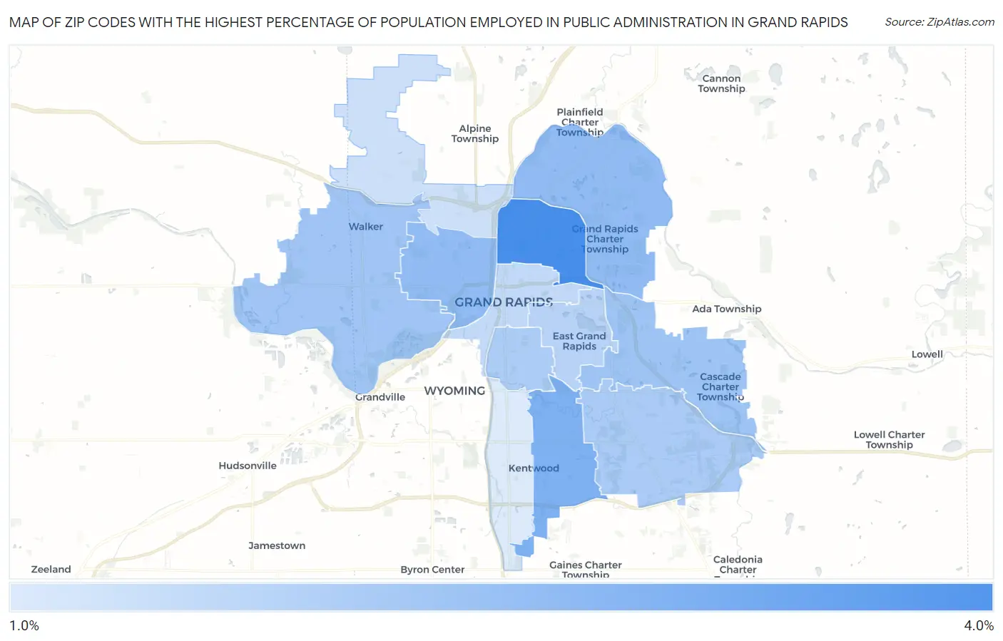 Zip Codes with the Highest Percentage of Population Employed in Public Administration in Grand Rapids Map
