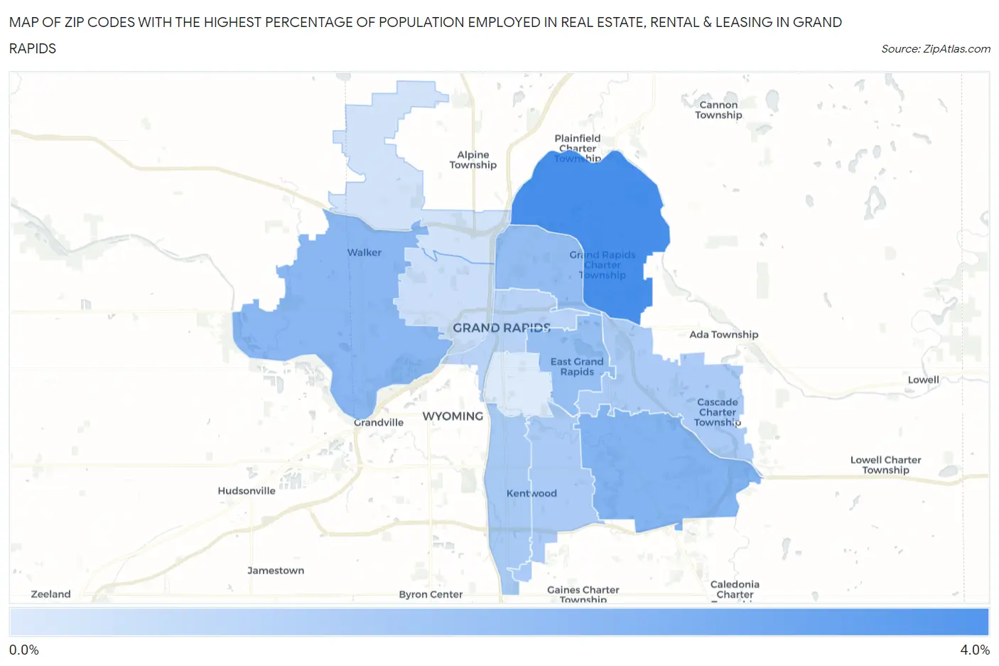 Zip Codes with the Highest Percentage of Population Employed in Real Estate, Rental & Leasing in Grand Rapids Map