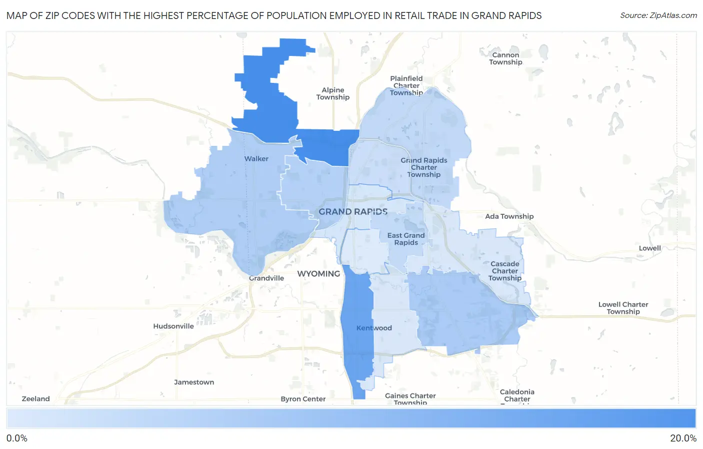 Zip Codes with the Highest Percentage of Population Employed in Retail Trade in Grand Rapids Map