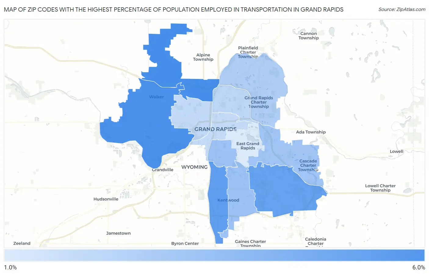Zip Codes with the Highest Percentage of Population Employed in Transportation in Grand Rapids Map