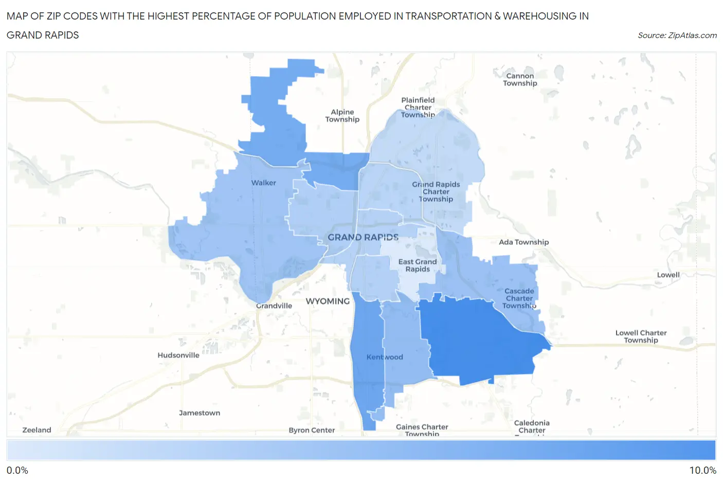 Zip Codes with the Highest Percentage of Population Employed in Transportation & Warehousing in Grand Rapids Map