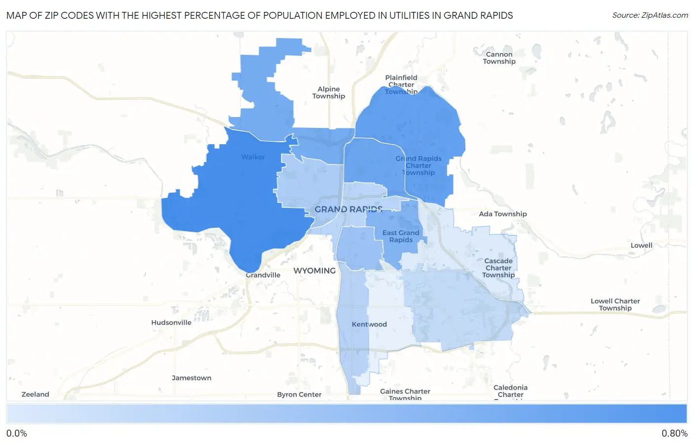 Zip Codes with the Highest Percentage of Population Employed in Utilities in Grand Rapids Map