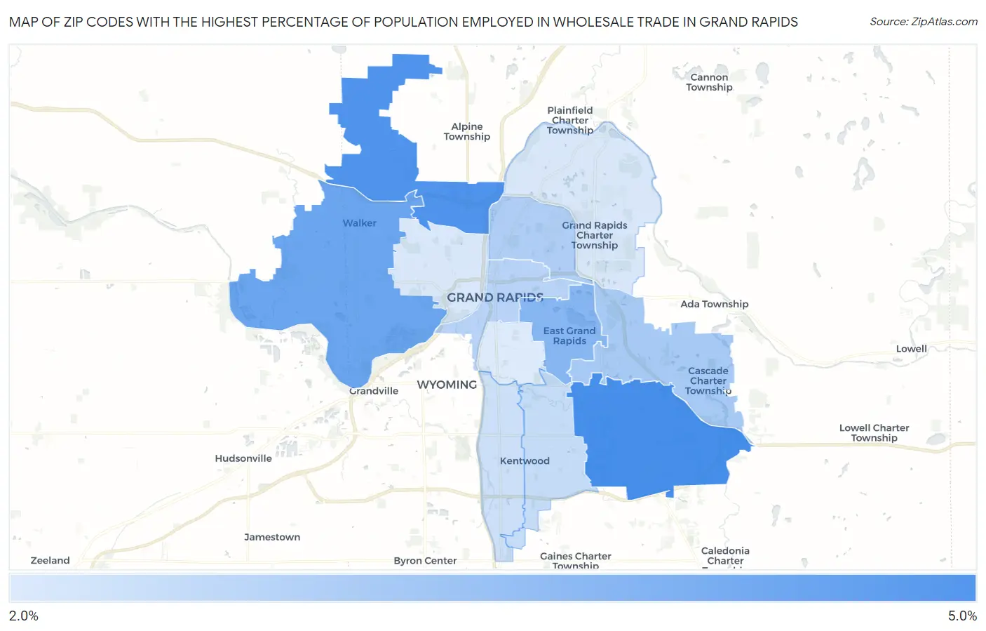 Zip Codes with the Highest Percentage of Population Employed in Wholesale Trade in Grand Rapids Map