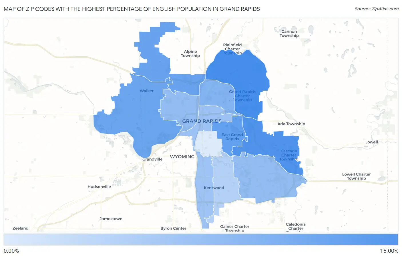 Zip Codes with the Highest Percentage of English Population in Grand Rapids Map