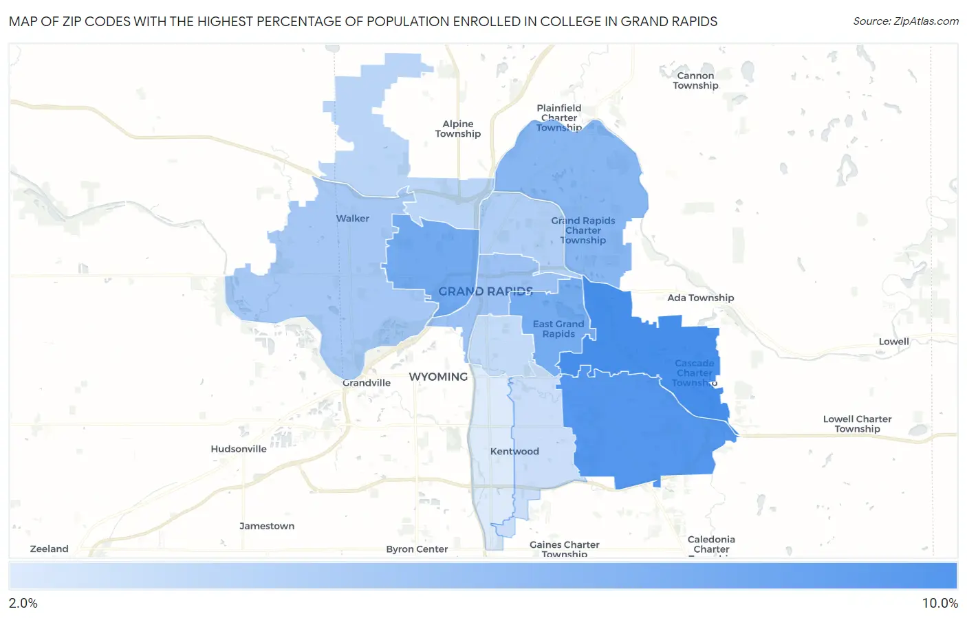 Zip Codes with the Highest Percentage of Population Enrolled in College in Grand Rapids Map
