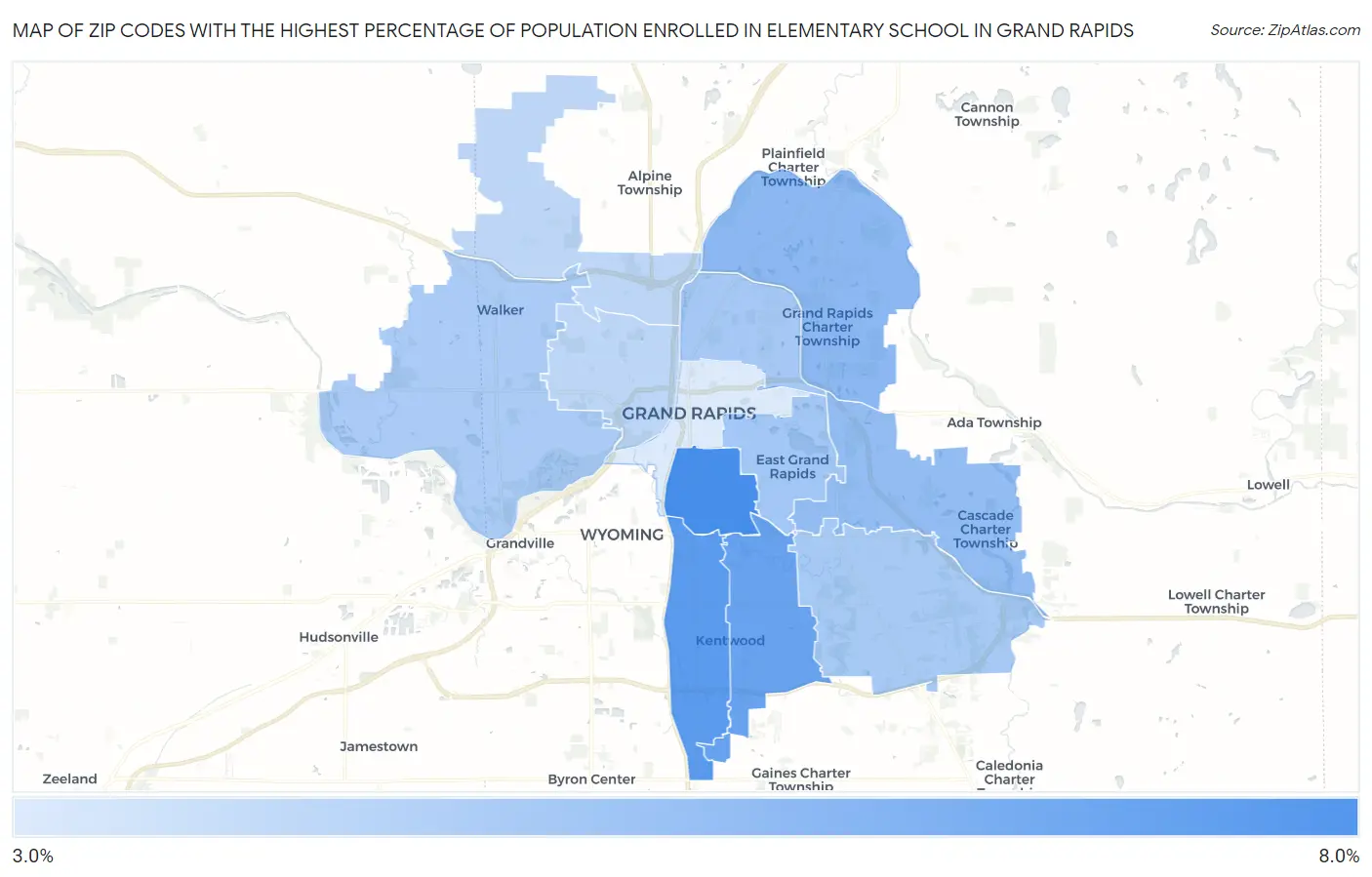 Zip Codes with the Highest Percentage of Population Enrolled in Elementary School in Grand Rapids Map