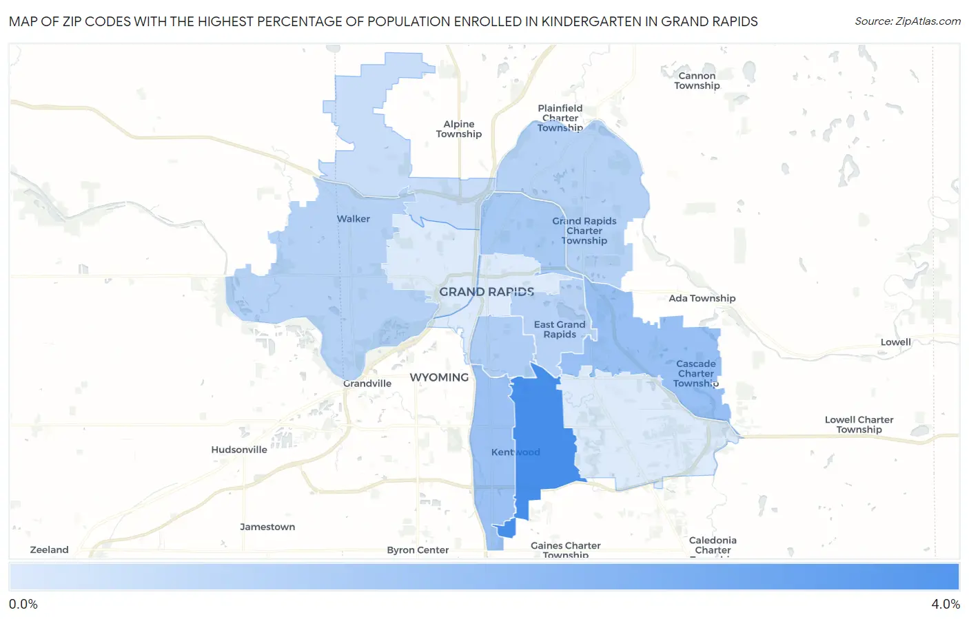 Zip Codes with the Highest Percentage of Population Enrolled in Kindergarten in Grand Rapids Map