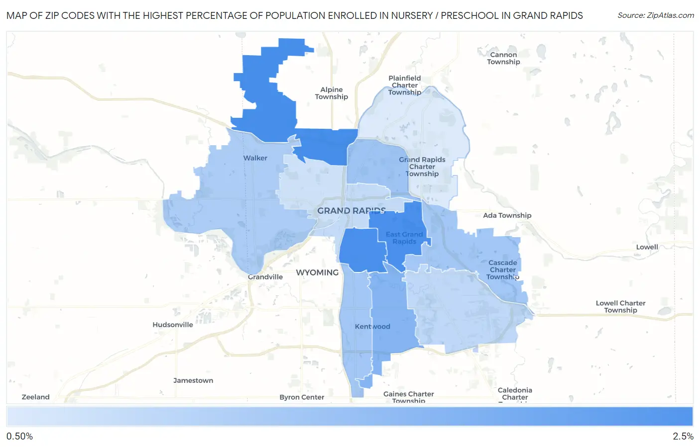 Zip Codes with the Highest Percentage of Population Enrolled in Nursery / Preschool in Grand Rapids Map