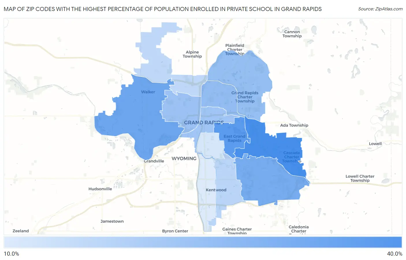 Zip Codes with the Highest Percentage of Population Enrolled in Private School in Grand Rapids Map