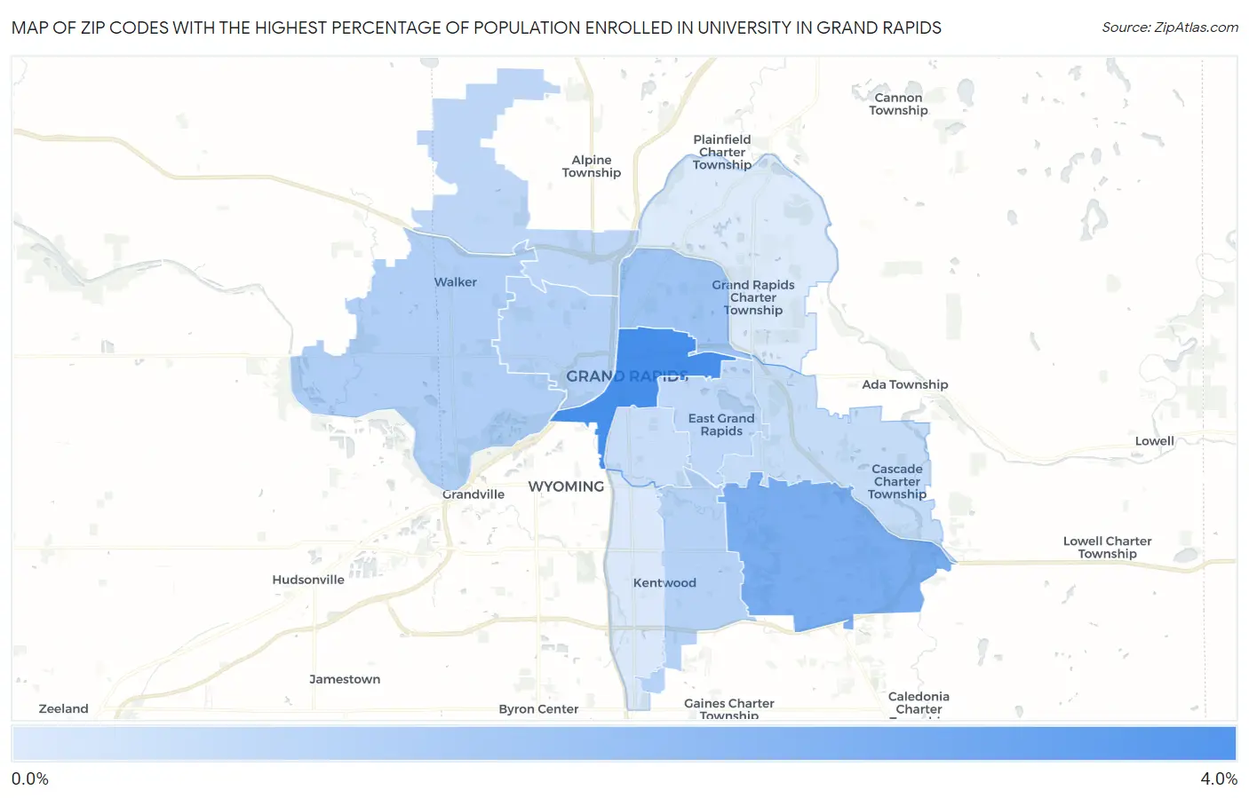 Zip Codes with the Highest Percentage of Population Enrolled in University in Grand Rapids Map