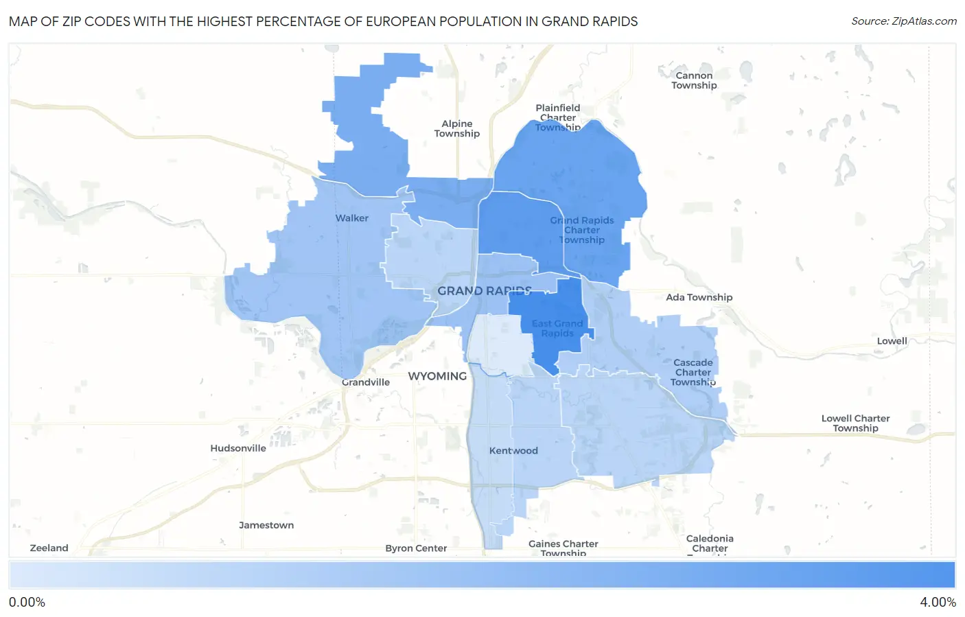 Zip Codes with the Highest Percentage of European Population in Grand Rapids Map