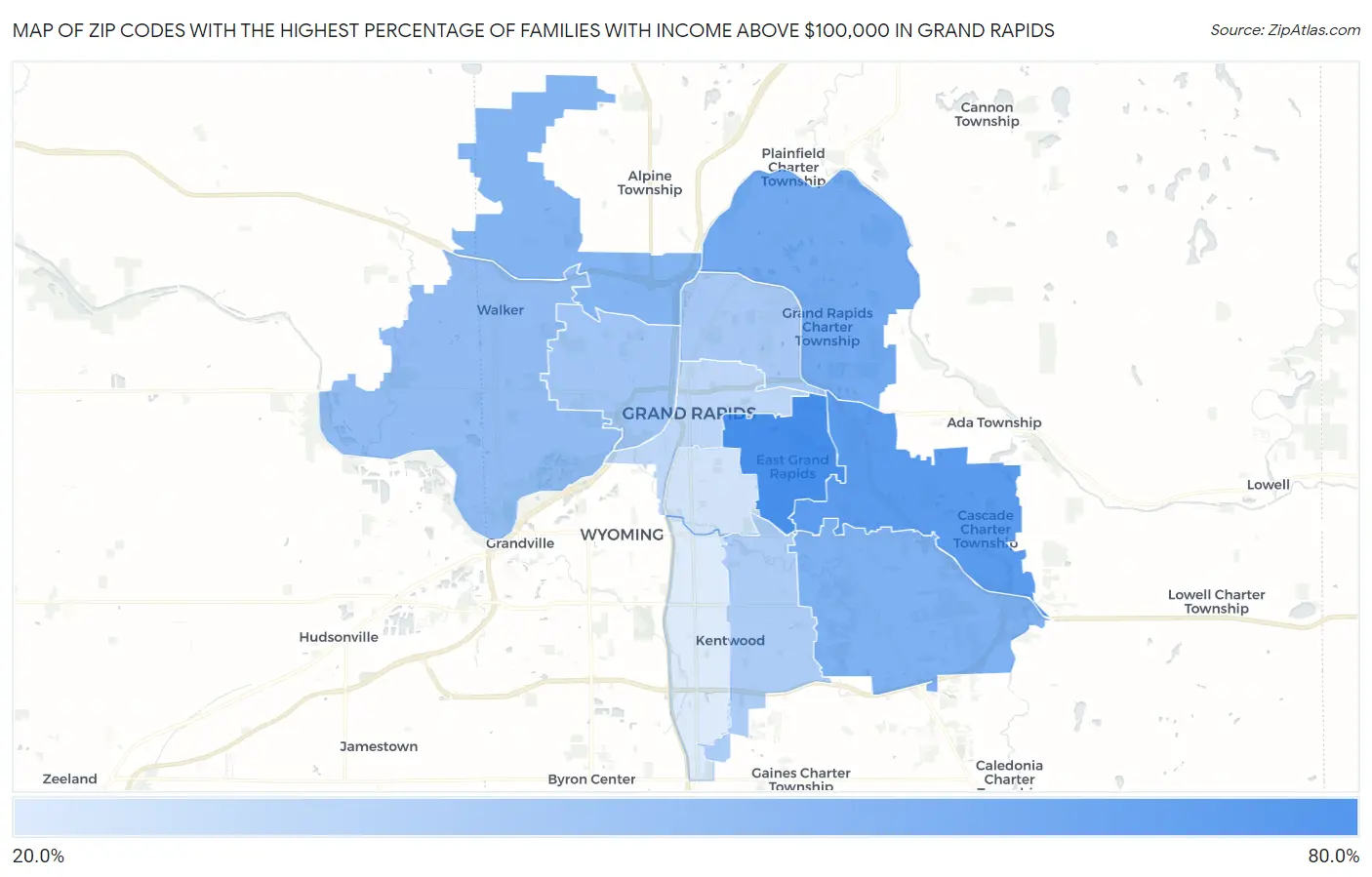 Zip Codes with the Highest Percentage of Families with Income Above $100,000 in Grand Rapids Map