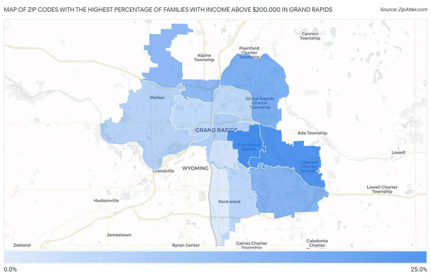 Zip Codes with the Highest Percentage of Families with Income Above $200,000 in Grand Rapids Map