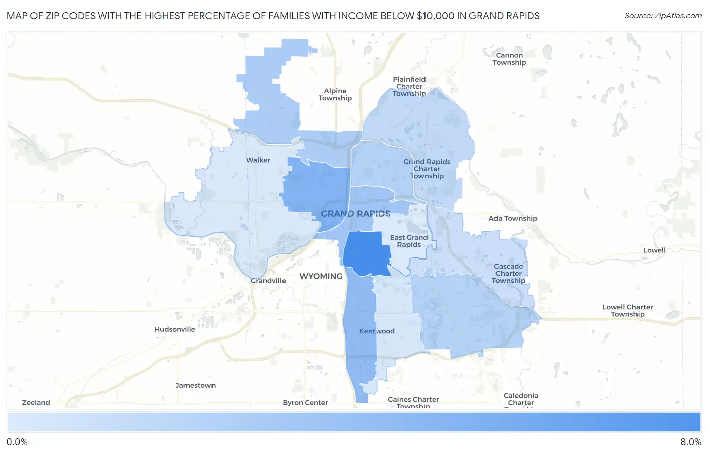 Zip Codes with the Highest Percentage of Families with Income Below $10,000 in Grand Rapids Map