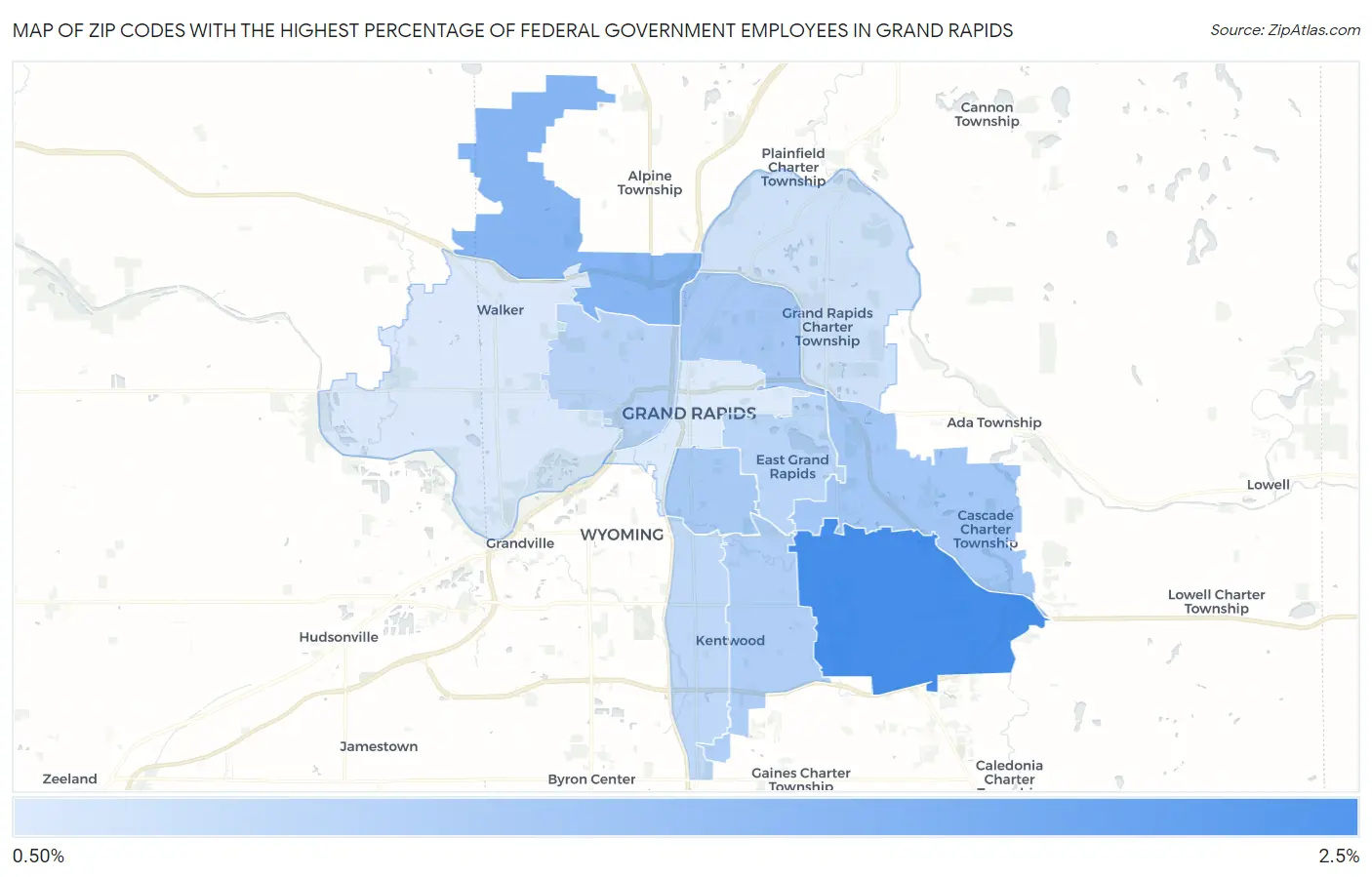 Zip Codes with the Highest Percentage of Federal Government Employees in Grand Rapids Map