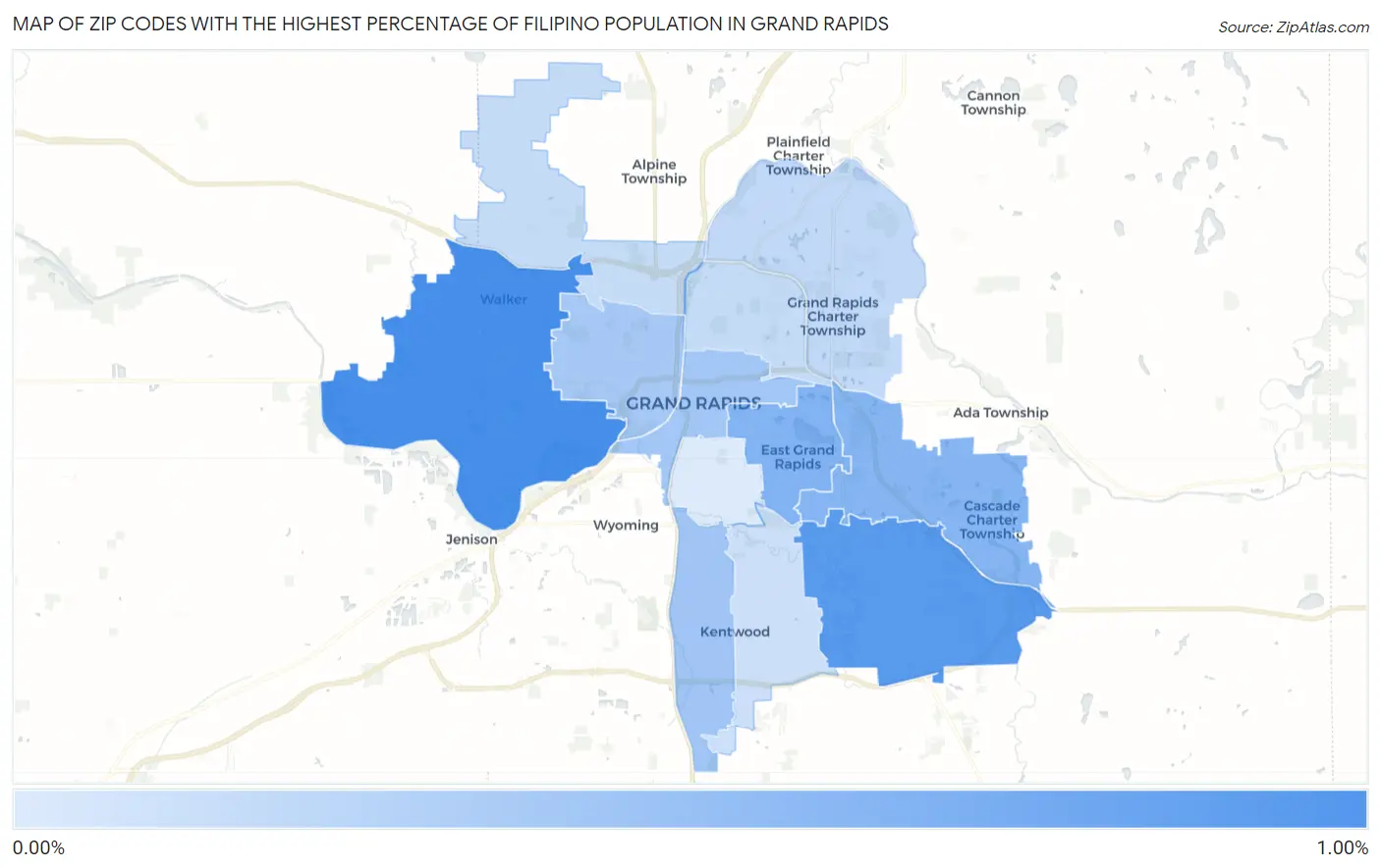 Zip Codes with the Highest Percentage of Filipino Population in Grand Rapids Map