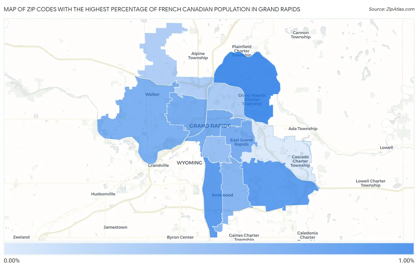 Zip Codes with the Highest Percentage of French Canadian Population in Grand Rapids Map