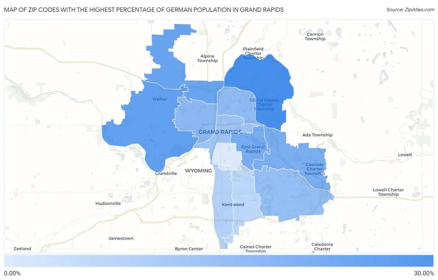 Zip Codes with the Highest Percentage of German Population in Grand Rapids Map