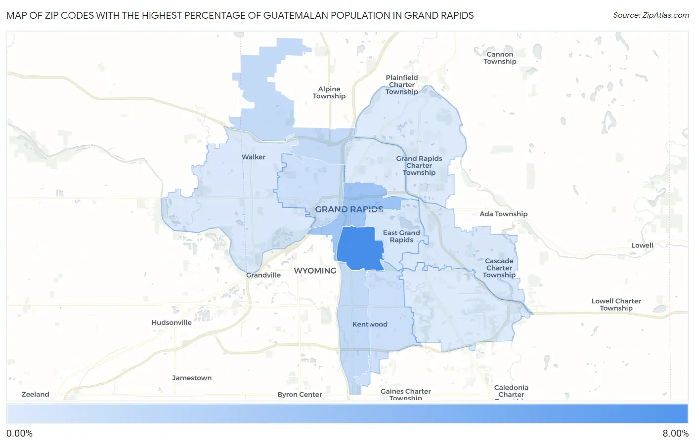 Zip Codes with the Highest Percentage of Guatemalan Population in Grand Rapids Map