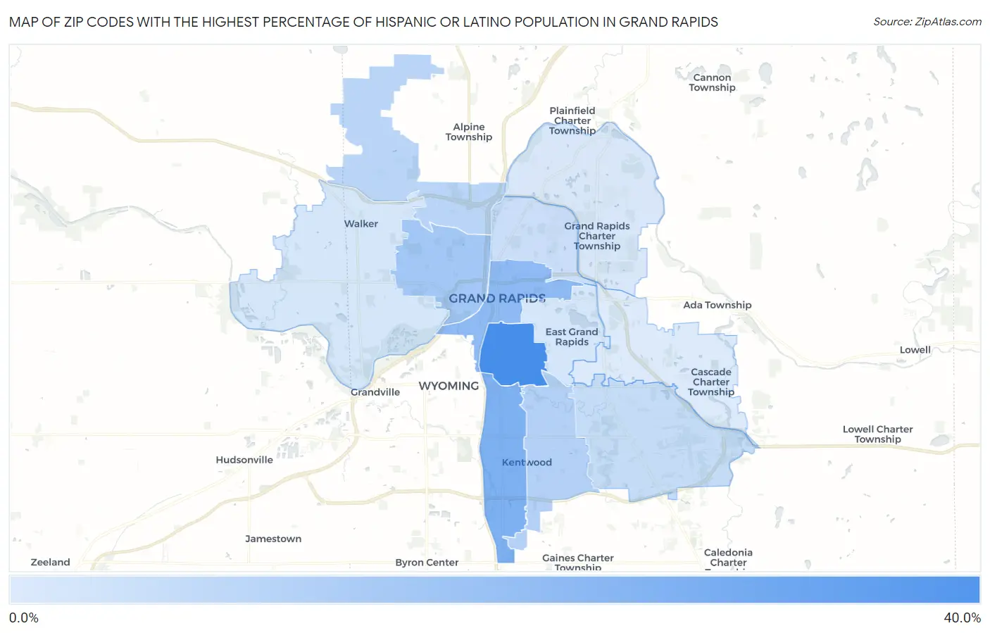 Zip Codes with the Highest Percentage of Hispanic or Latino Population in Grand Rapids Map