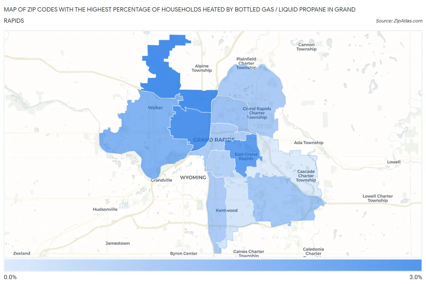 Zip Codes with the Highest Percentage of Households Heated by Bottled Gas / Liquid Propane in Grand Rapids Map