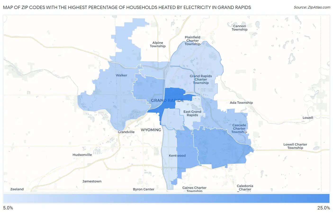 Zip Codes with the Highest Percentage of Households Heated by Electricity in Grand Rapids Map