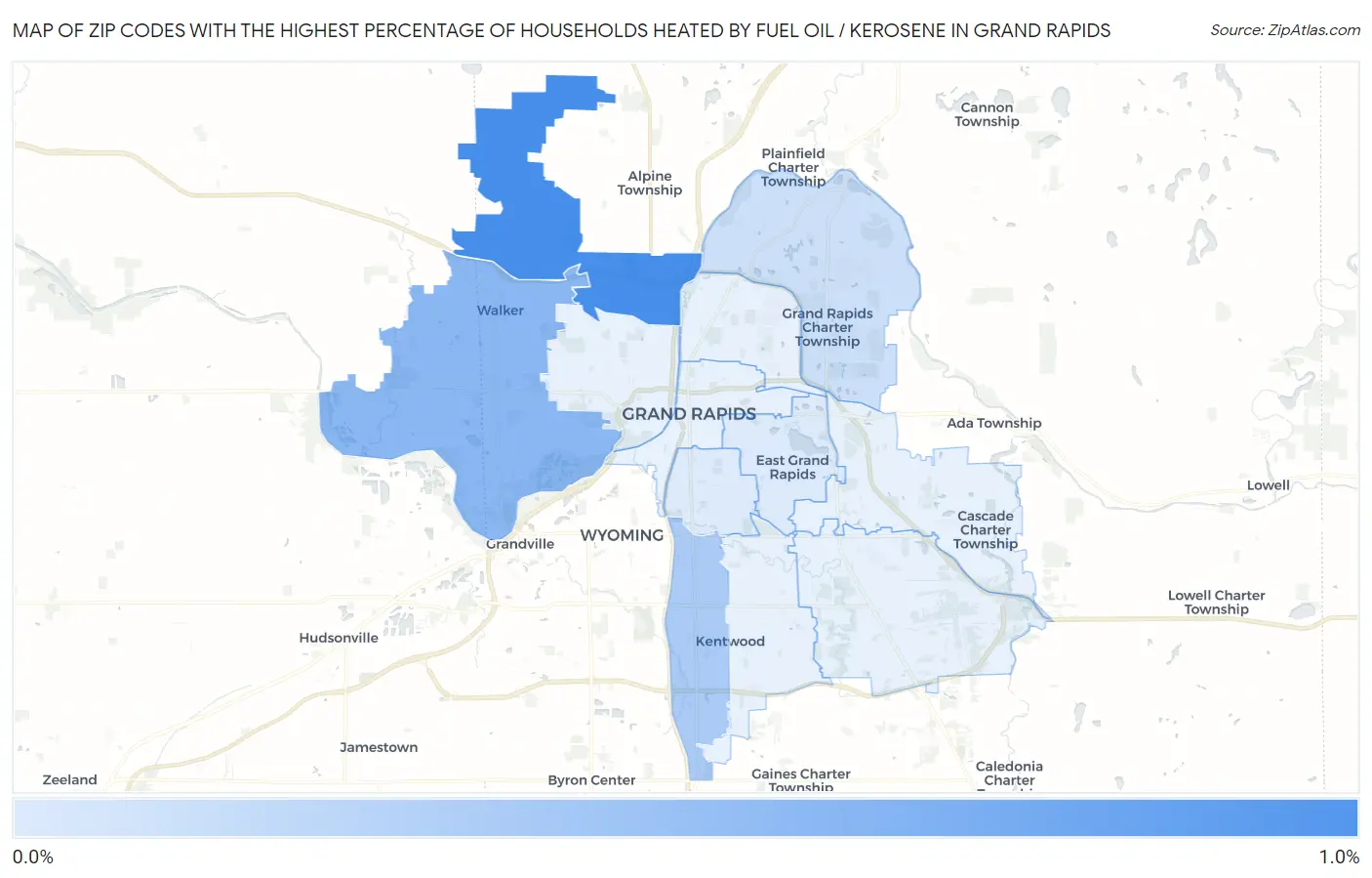 Zip Codes with the Highest Percentage of Households Heated by Fuel Oil / Kerosene in Grand Rapids Map