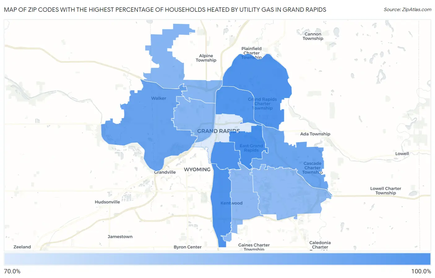 Zip Codes with the Highest Percentage of Households Heated by Utility Gas in Grand Rapids Map