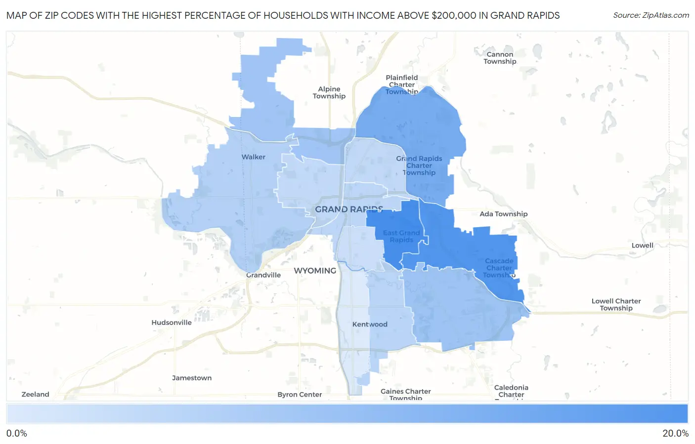 Zip Codes with the Highest Percentage of Households with Income Above $200,000 in Grand Rapids Map